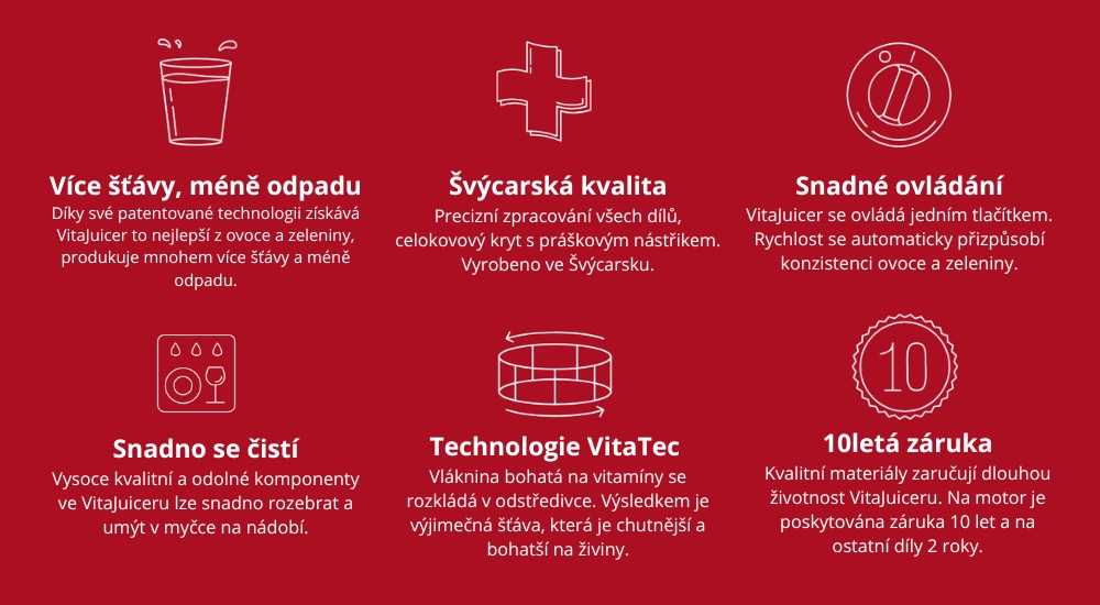 Více šťávy, méně odpadu Díky své patentované technologii získává VitaJuicer to nejlepší z ovoce a zeleniny, produkuje mnohem více šťávy a méně odpadu.